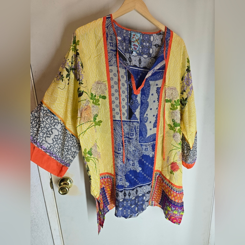 Johnny Was Arden Mixed Print Silk Kimono Tunic Top - Picture 3 of 9